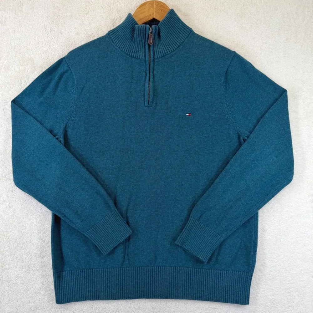 Tommy Hilfiger Mens Teal Blue Heather 1/4 Zip Cotton Pullover Sweater L